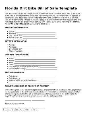 Attorney-Approved Dirt Bike Bill of Sale Template for Florida State
