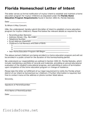 Attorney-Approved Homeschool Letter of Intent Template for Florida State