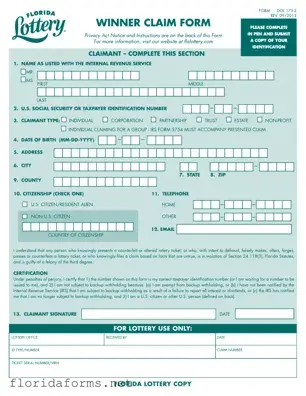 Official Florida Lottery Claim Template