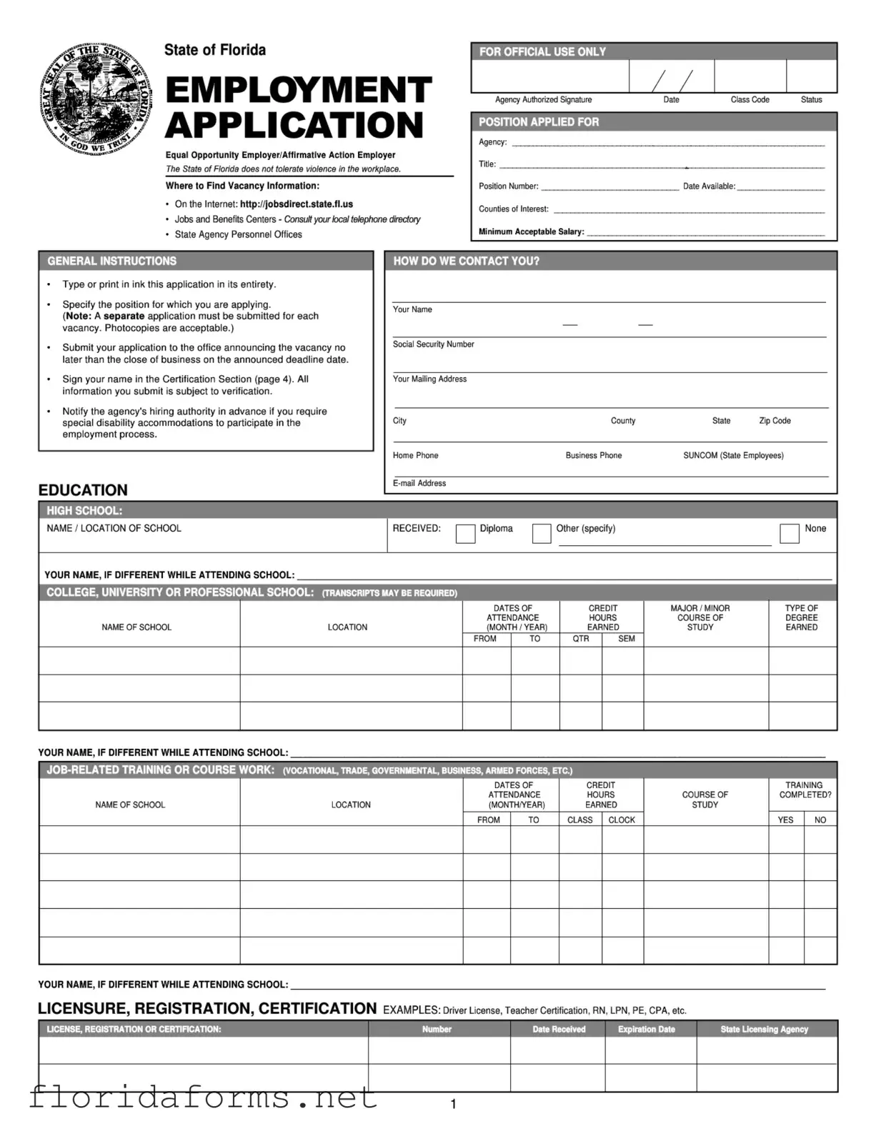 Official State Florida Employment Application Template